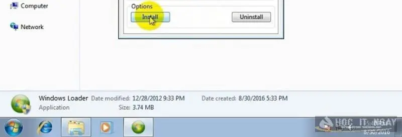 Nhấn Install để hệ thống tự động crack Windows 7