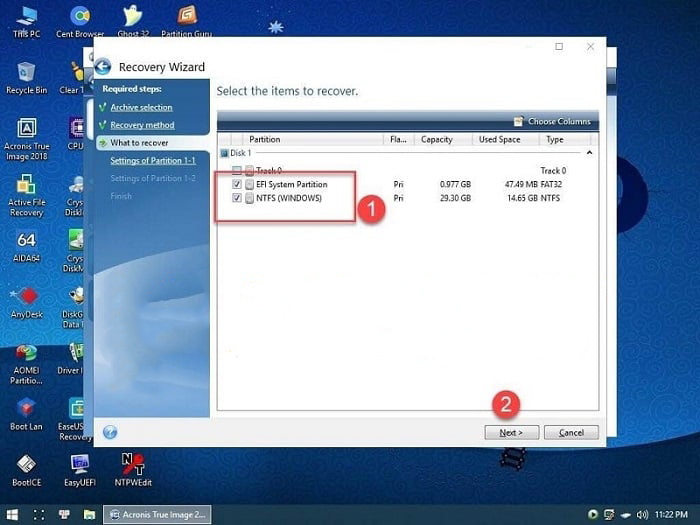 Chọn EFI System Partition và NTFS (Windows) và nhấn Next