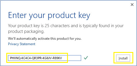 Nhập Key và chọn Install