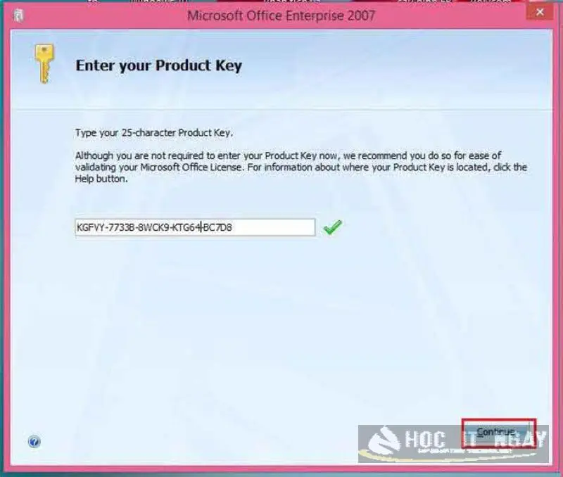 Nhập product key phiên bản Office 2007 đã copy ở trên