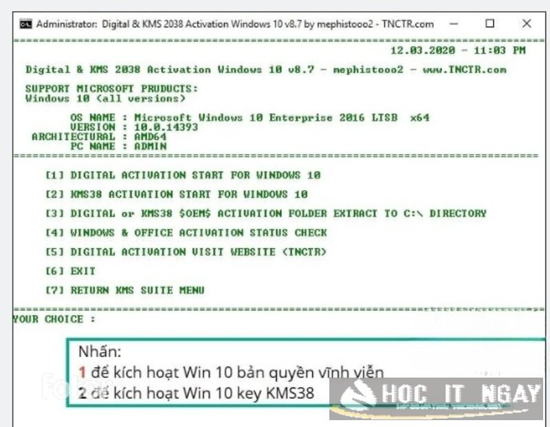 Hướng dẫn Active Win 10 1703 32/ 64Bit vĩnh viễn miễn phí 50 Nhấn 1 để khởi động kích hoạt Win 10