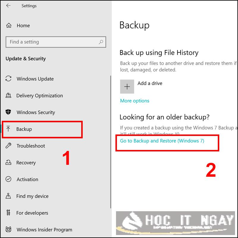 Chọn lệnh Go to Backup an Restore trong Backup