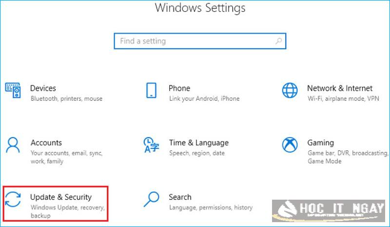 Chọn lệnh Update & Security trong cửa sổ Windows Settings