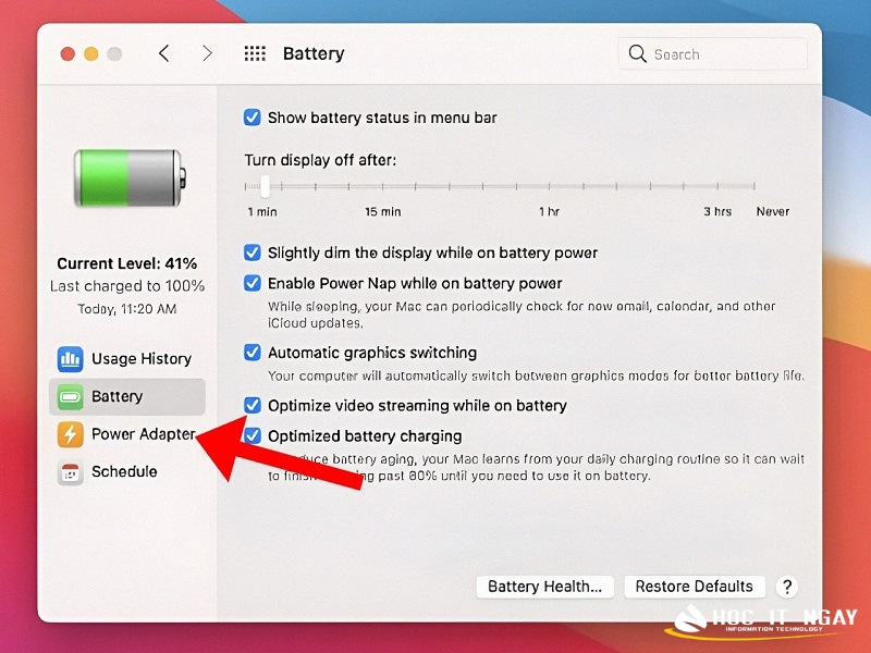 Để cài đặt các tùy chọn khi Macbook kết nối với nguồn điện, bạn hãy chọn Power Adapter