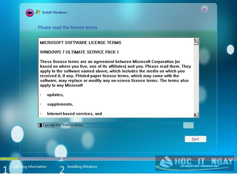 Giao diện cài đặt Windows 7 Lite cho thiết bị