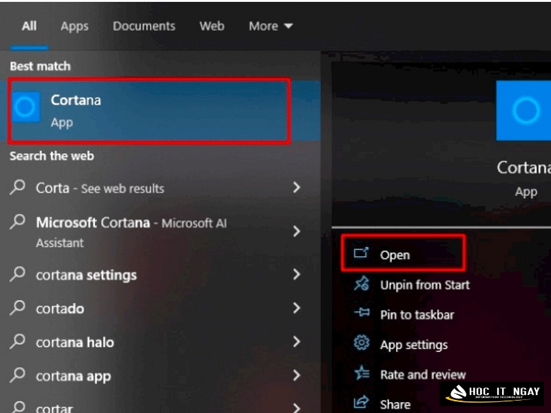 Trên thanh Taskbar, bạn tìm kiếm ứng dụng Cortana và nhấn Open