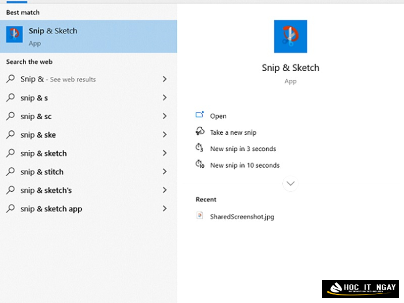 Tìm kiếm ứng dụng Snip & Sketch tại WIndows trên thanh Taskbar