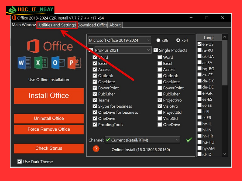 Download Office 2021 Full Crack Google drive Miễn Phí 26 Khi giao diện Office 2013-2024 C2R Install mở ra, bạn chọn tab Utilities and Settings.